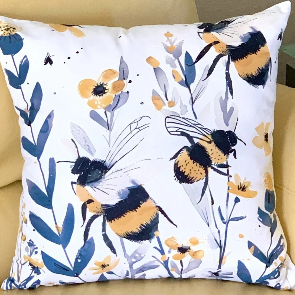 18" Sq Wildflower Meadow Flower Floral Bees Bumblebees Decorative Pillow Cover - Picture 1 of 6